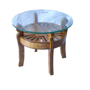 Handcrafted Elegance: Round Wooden Coffee Table with Glass Top